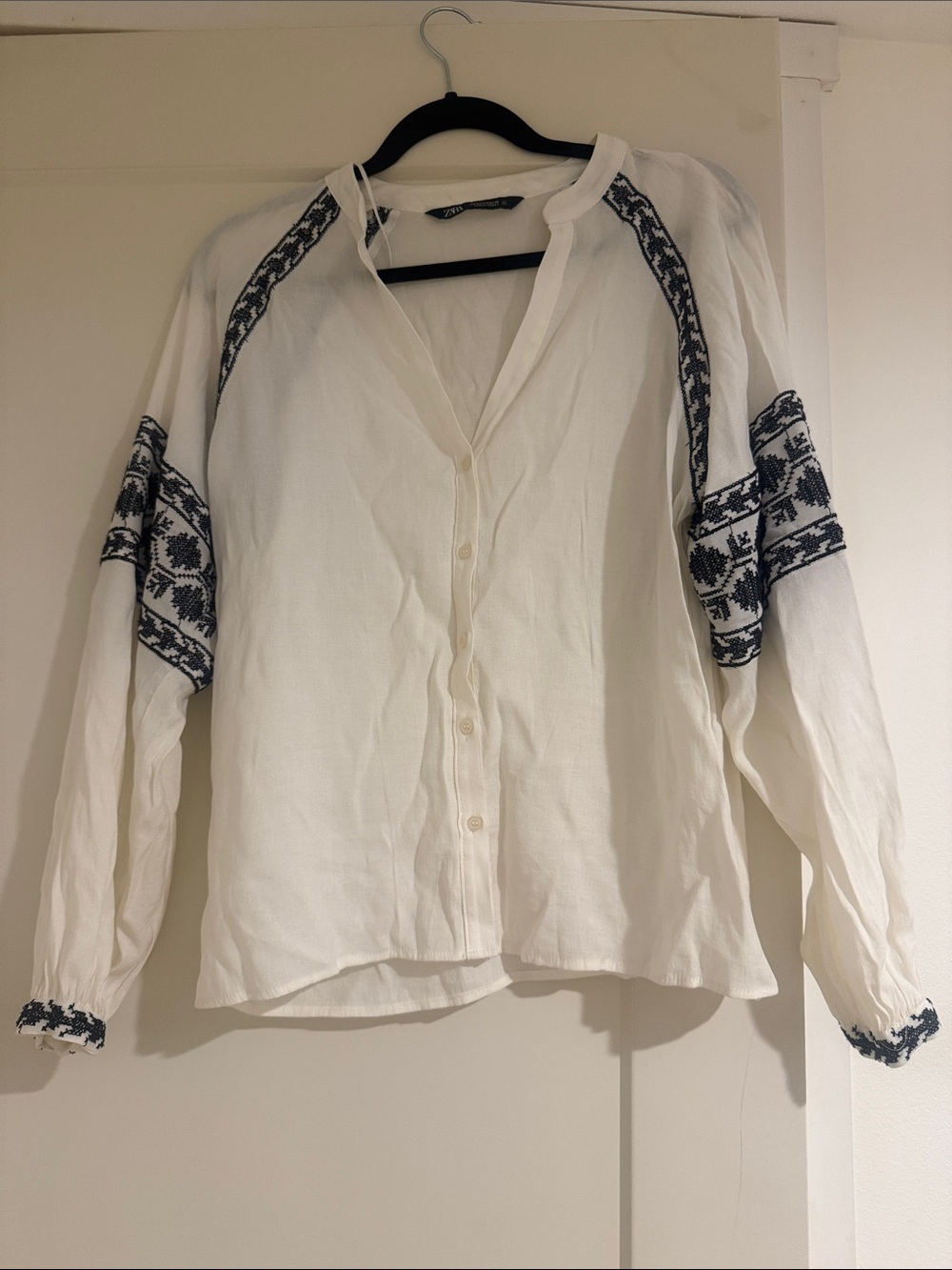 Zara White Button-Front Blouse with black Embroidery